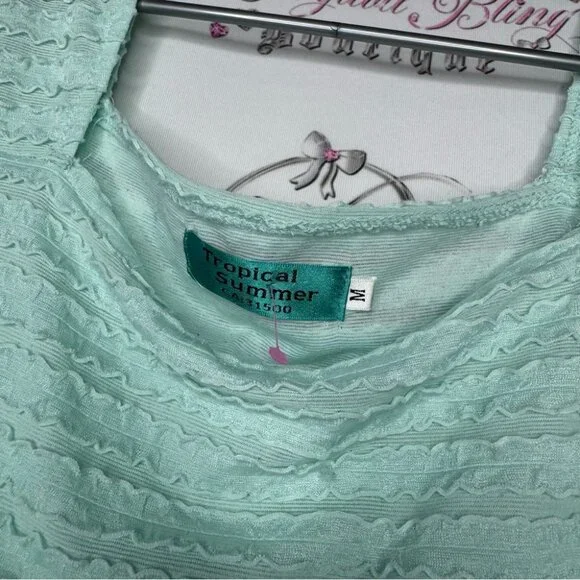 Tropical summer top 3d ruffle frilly square neckline stretchy aqua blue comfy - Picture 6 of 8